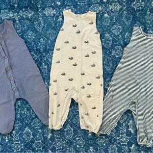 Set of Three Baby Rompers in Purple, Cream, and Striped